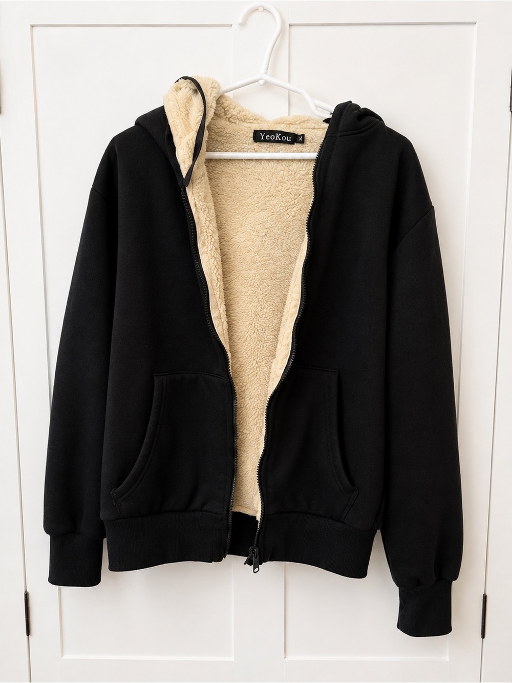 YeoKou Women's Black Teddy-Lined Zip Hoodie Jacket